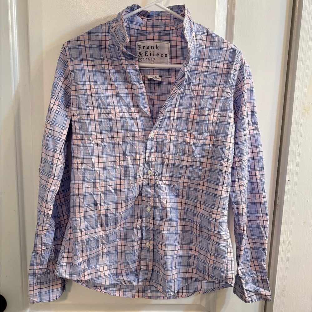 Frank & Eileen Barry Crinkle Blue Pink Plaid Tailored Button-Up Shirt Medium